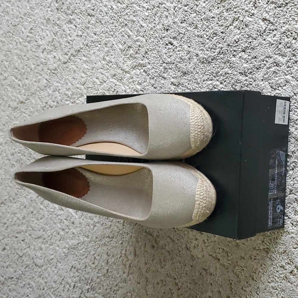 Brand new, in box. J Crew Seville Espadrille Sandals. Metallic silver. Size 9.5
